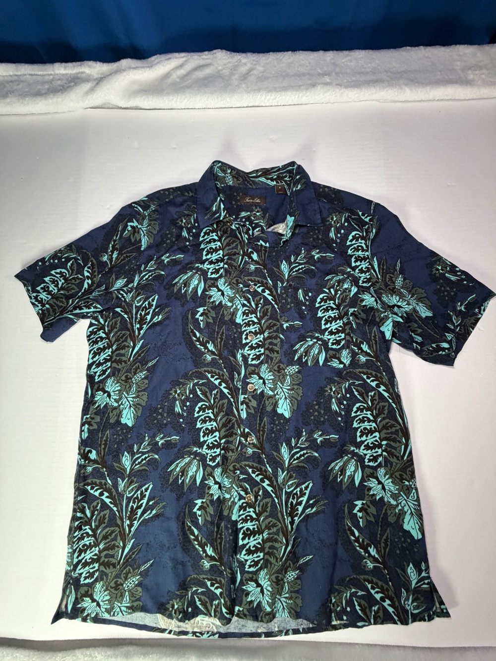 Tasso Elba Navy Blue Tropical Print Short-Sleeve Button-Down Shirt